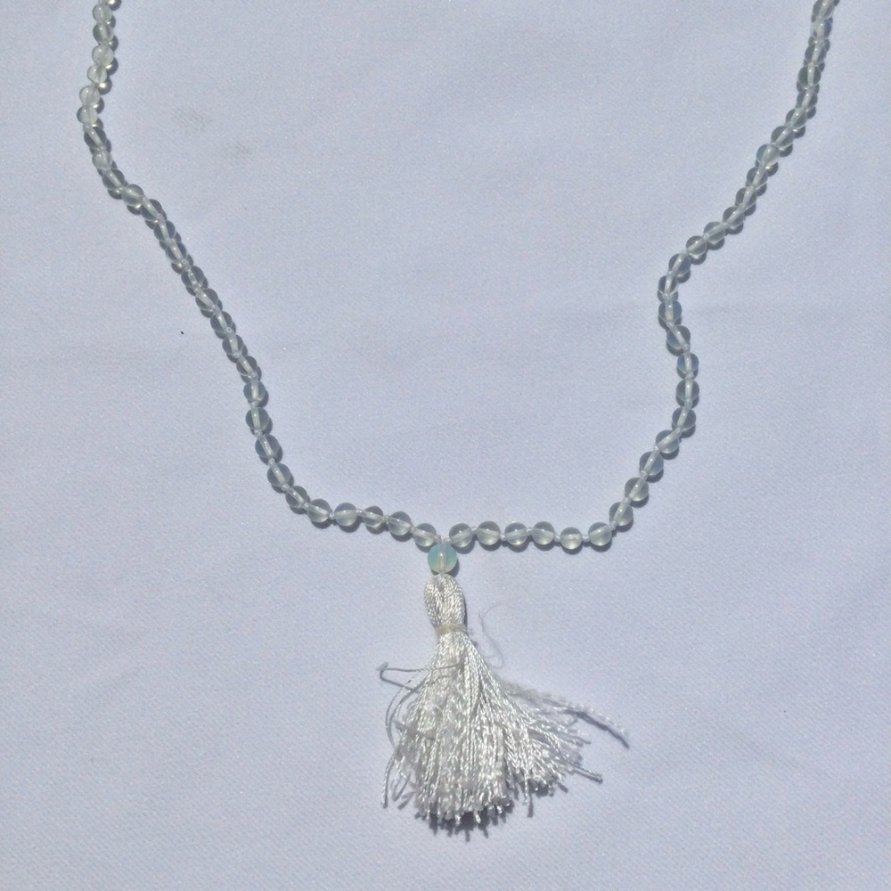 Elegant Opalite Transparent White Beaded Necklace with Tassel
